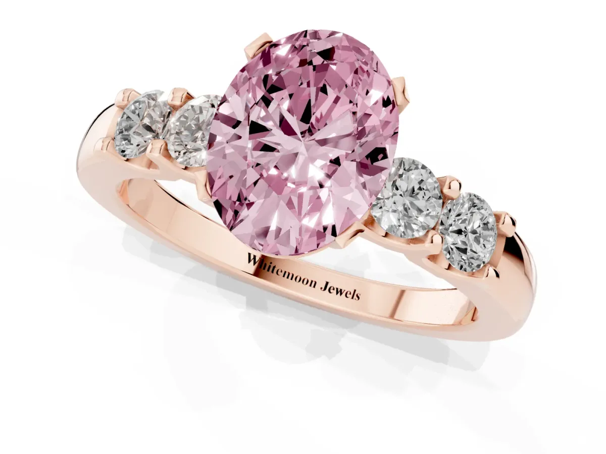 Fancy Pink Oval Cut Brilliant Cut Diamond Five-Stone Prong Set Engagement Ring with Channel Band Rose gold