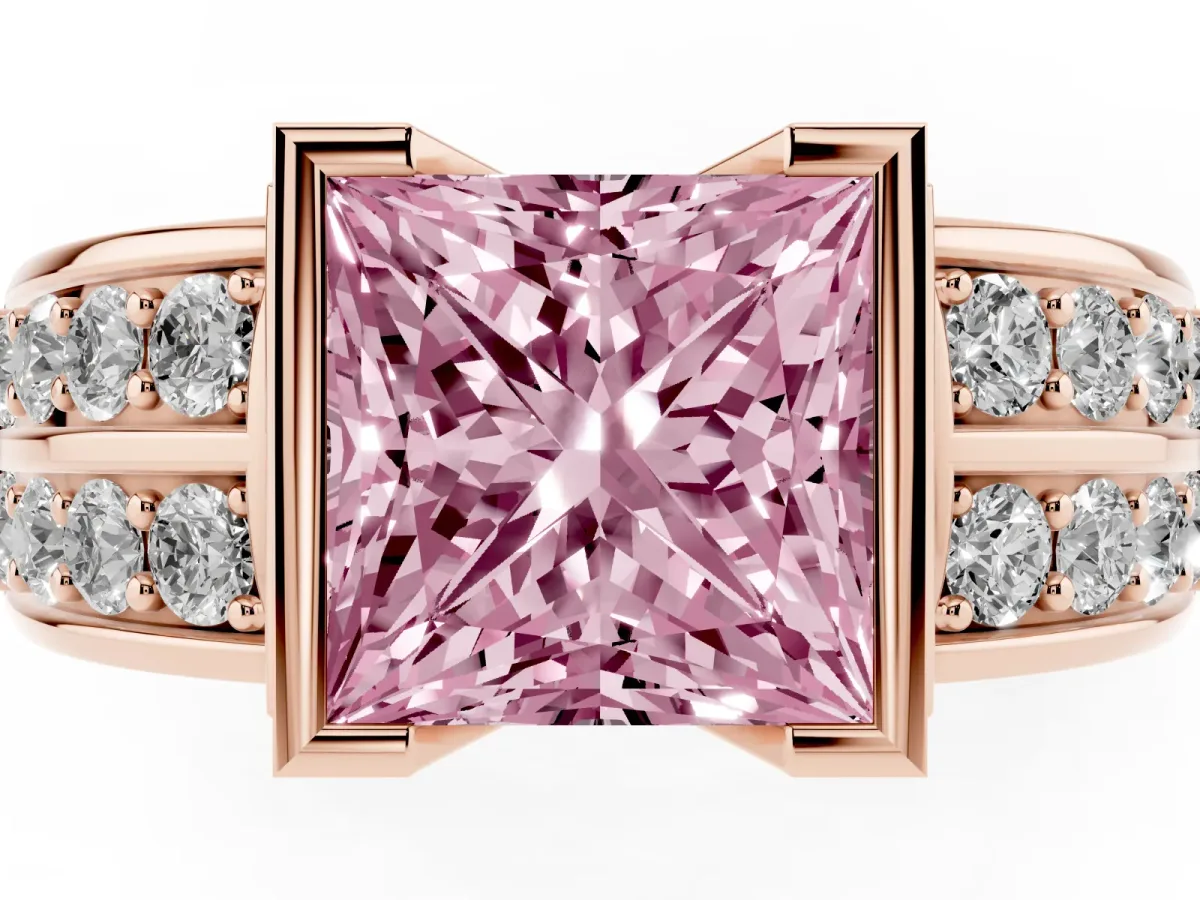 Fancy Pink Princess Cut Brilliant Diamond Channel Set Wide Band Ring with Bezel Setting Rose gold
