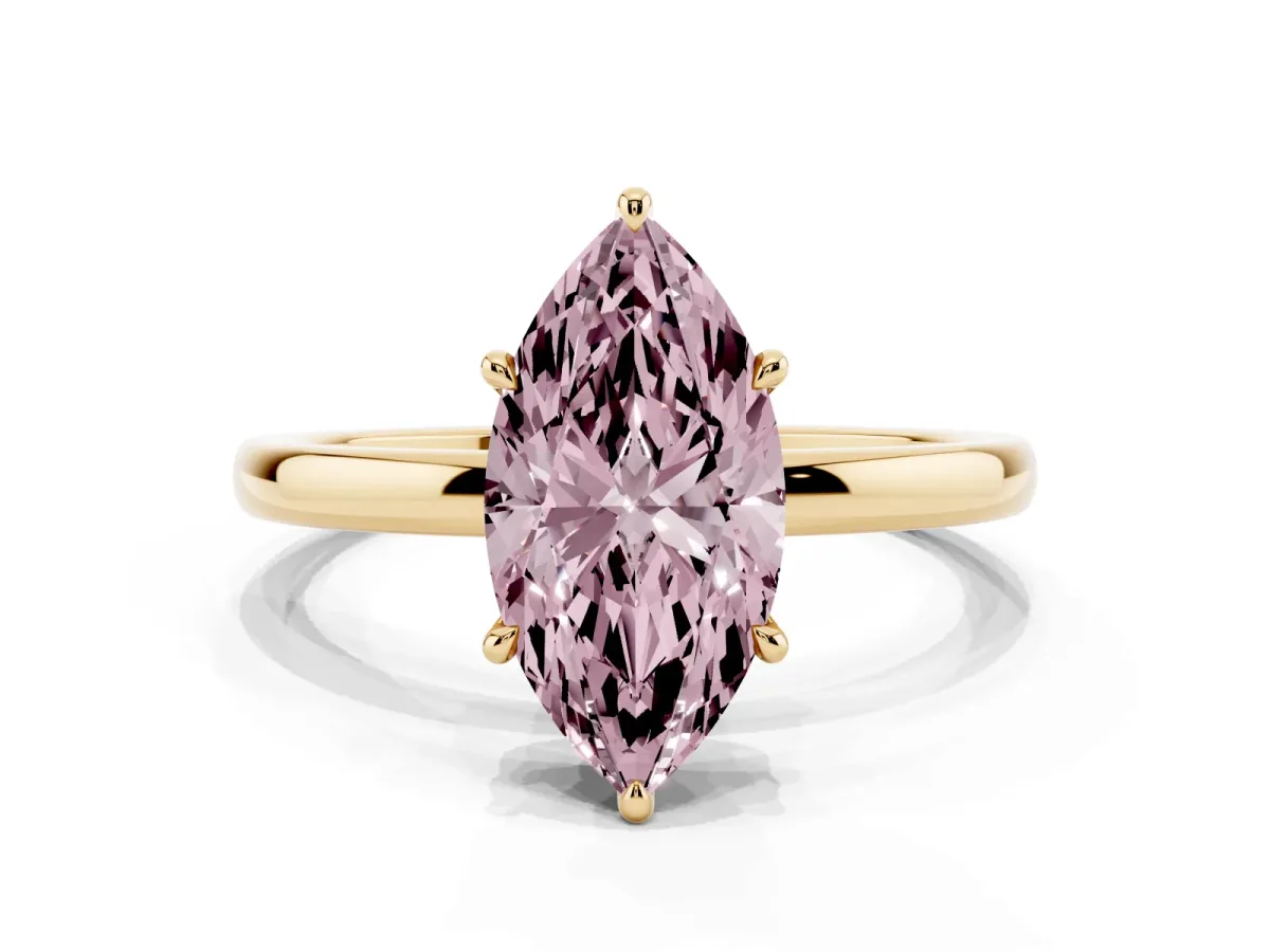 Fancy Pink Marquise Cut Solitaire Engagement Ring with Cathedral Band and Four-Prong Setting Yellow gold