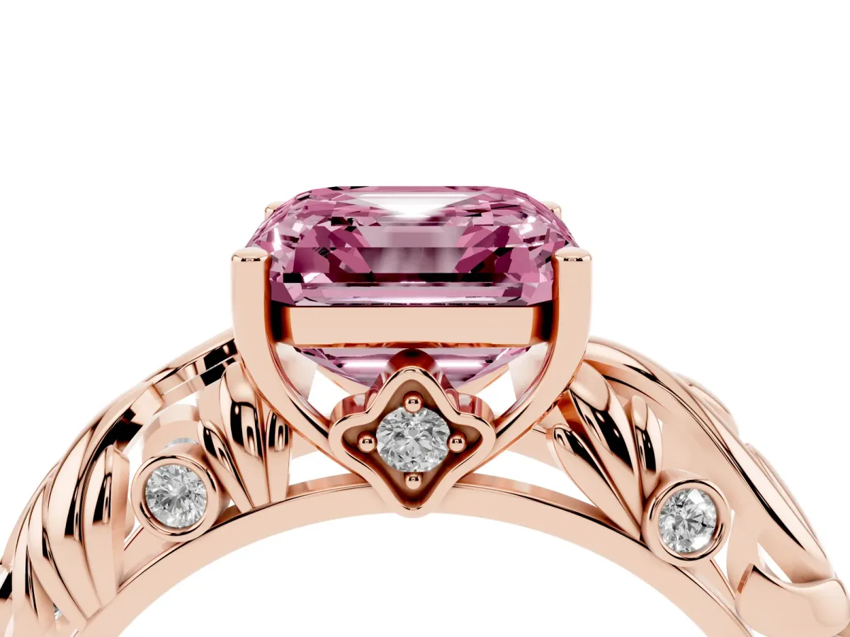 Fancy Pink Asscher Cut Solitaire Diamond Leaf-Inspired Vine Band Ring with Prong Setting Rose gold