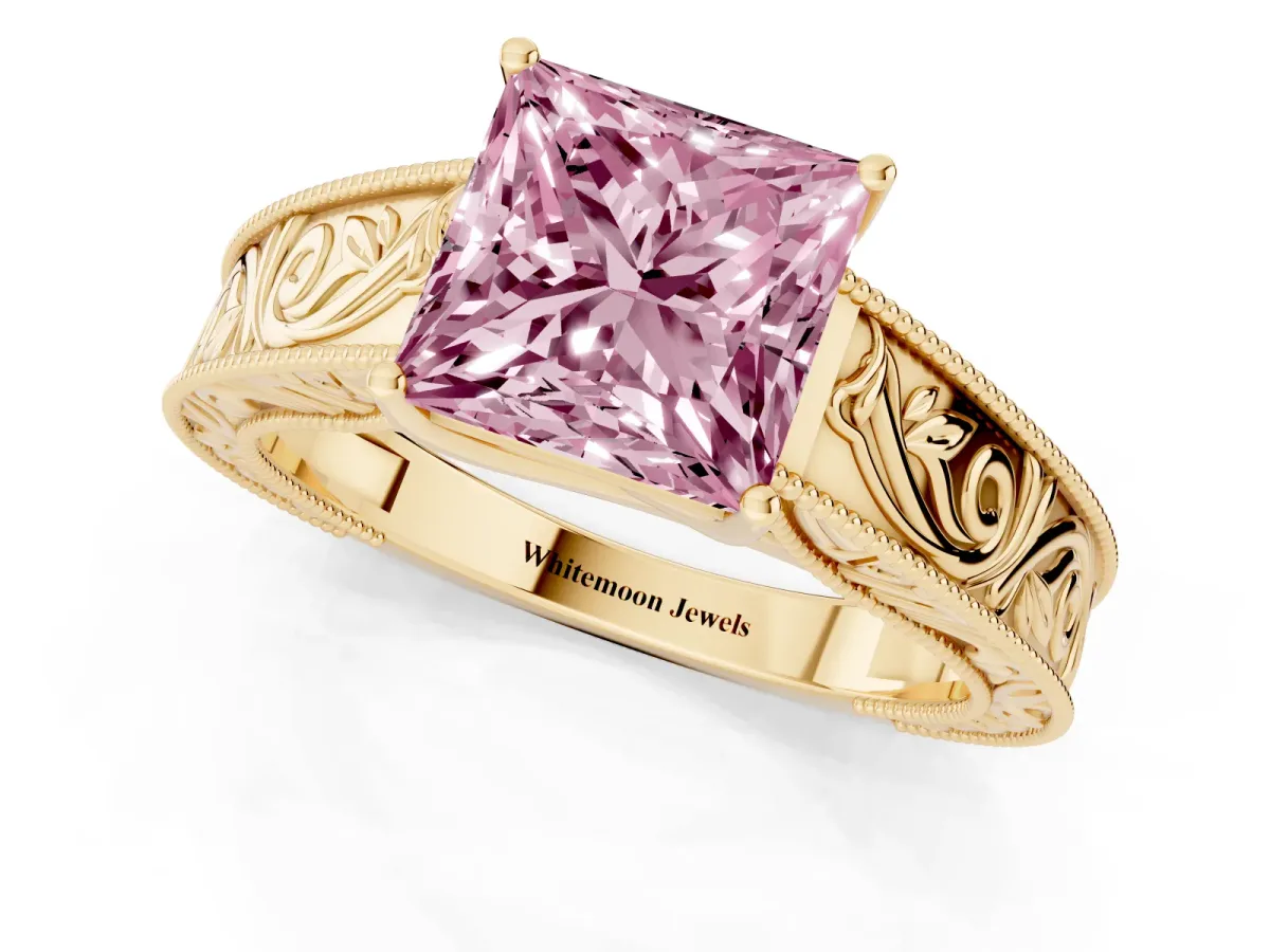 Fancy Pink Princess Cut Diamond Solitaire Ring with Engraved Band and Four-Prong Setting Yellow gold