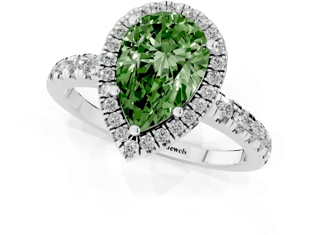 Fancy Green Pear Cut Diamond Halo Ring with Pavé Band and Four-Prong Setting Silver