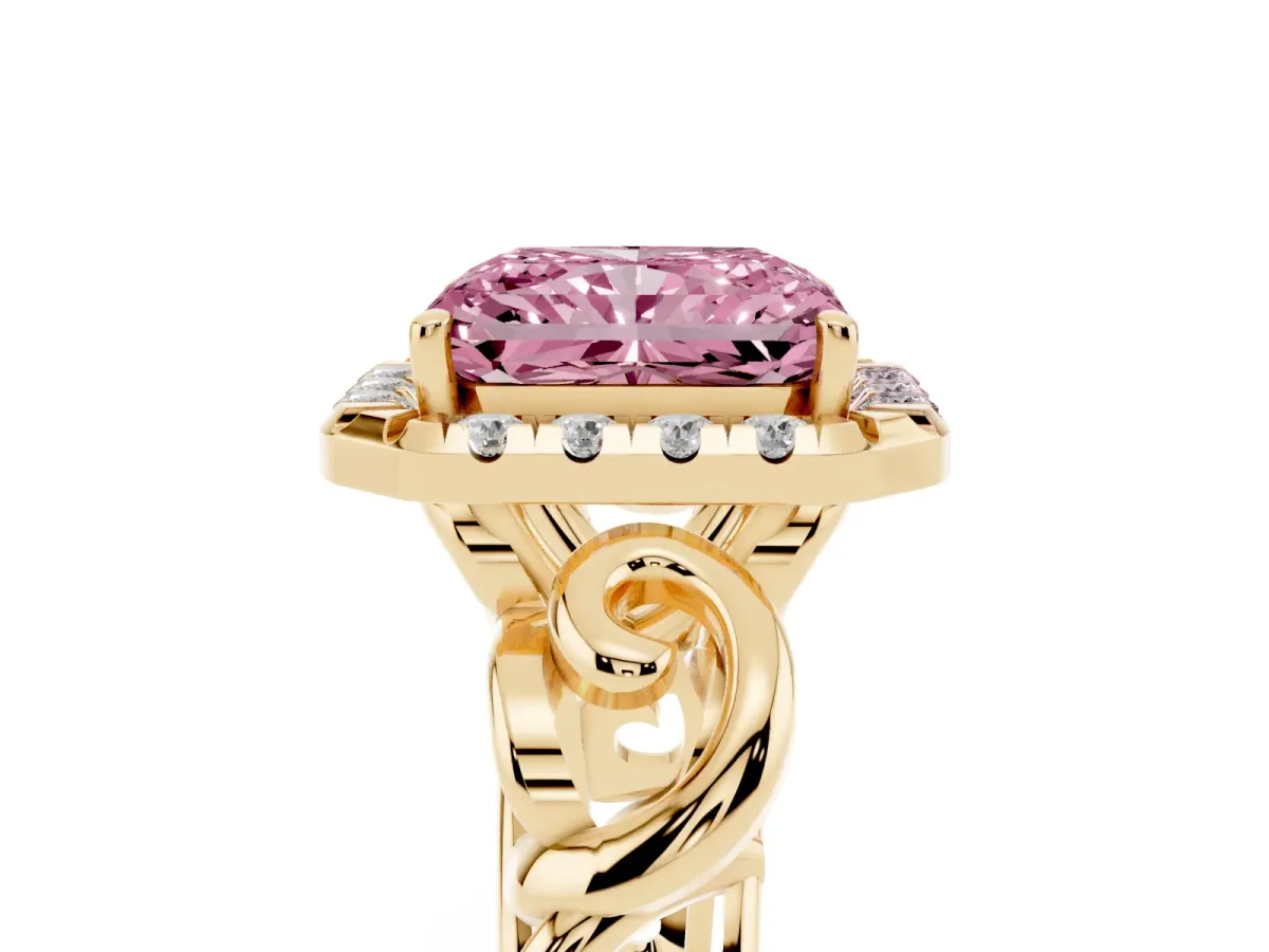 Fancy Pink Radiant Cut Cut Halo Diamond Ring with Scrollwork Band and Four-Prong Setting Yellow gold