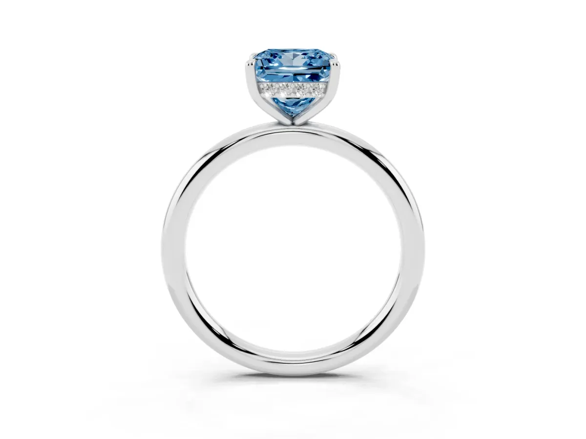 Fancy Blue Princess Cut Diamond Solitaire Ring with Thin Band and Four-Prong Setting Platinum