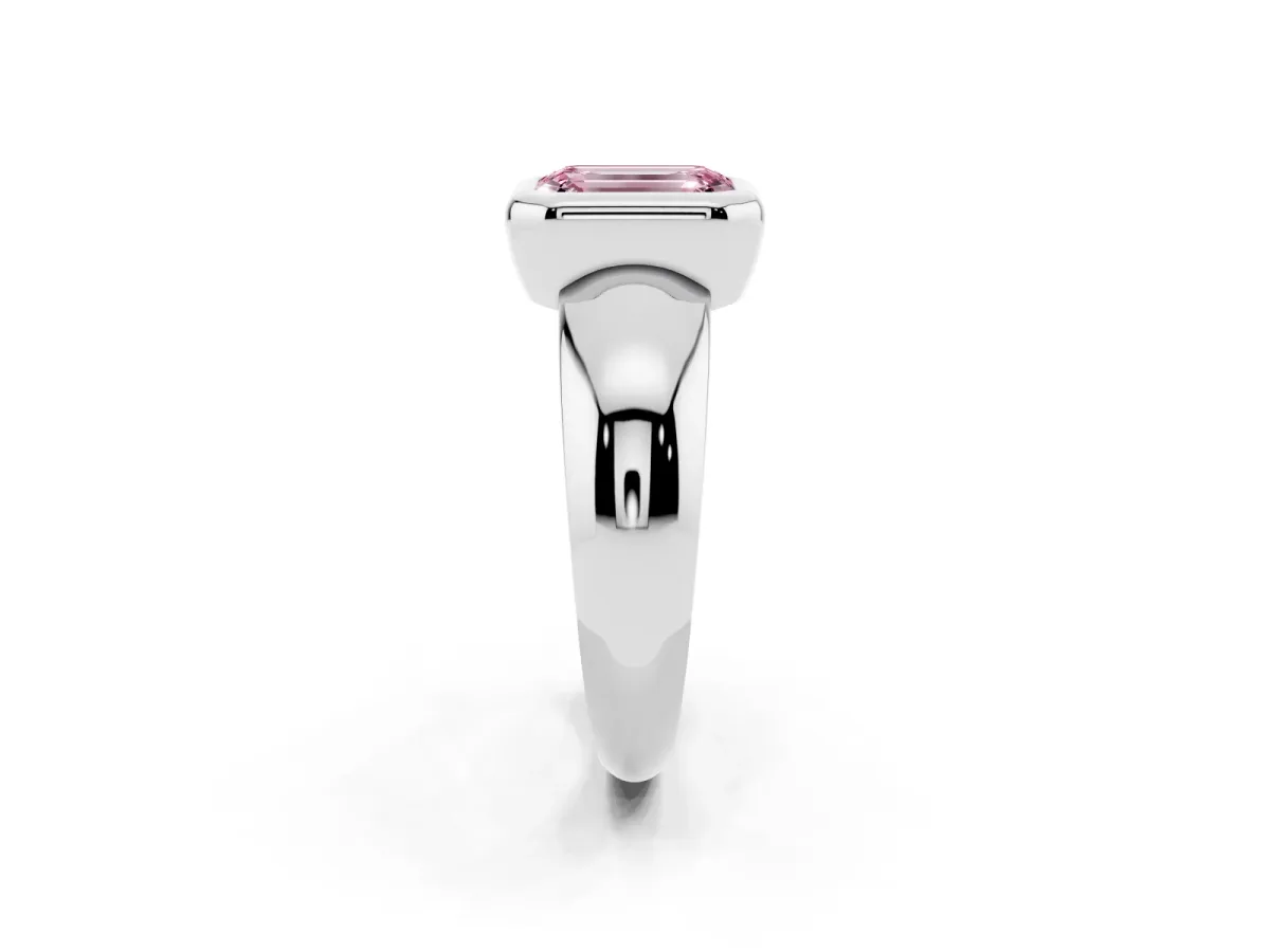 Fancy Pink Bezel Set Emerald Cut Solitaire Ring with Wide Band White gold