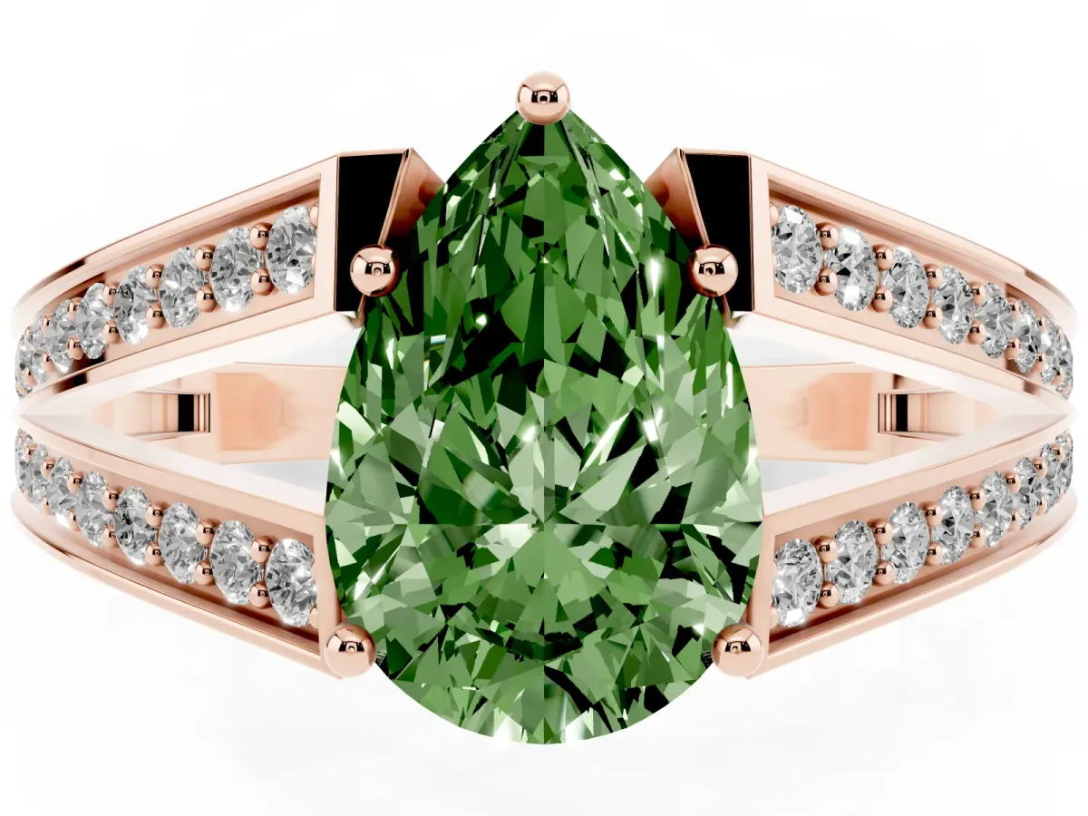 Fancy Green Pear Cut Diamond Split Shank Ring with Pavé Band and Four-Prong Setting Rose gold
