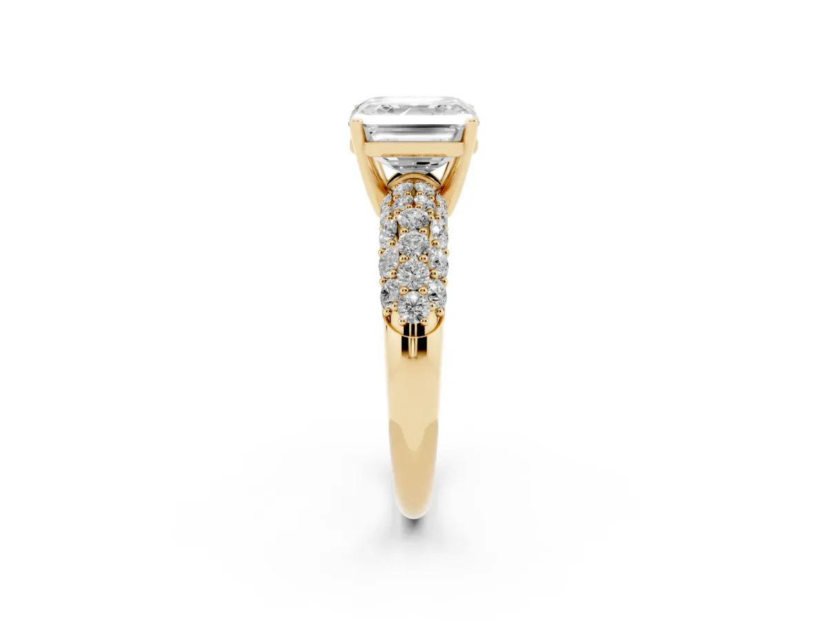 Asscher Cut Diamond Pavé Band Solitaire Ring with Four-Prong Setting Yellow gold