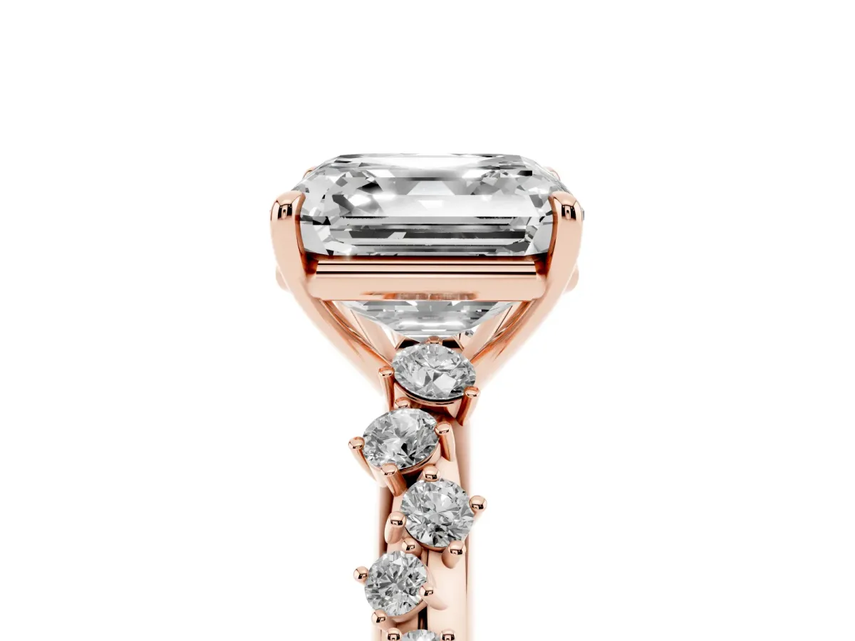 Asscher Cut Diamond Cluster Side Stone Solitaire Ring with Prong Setting Rose gold