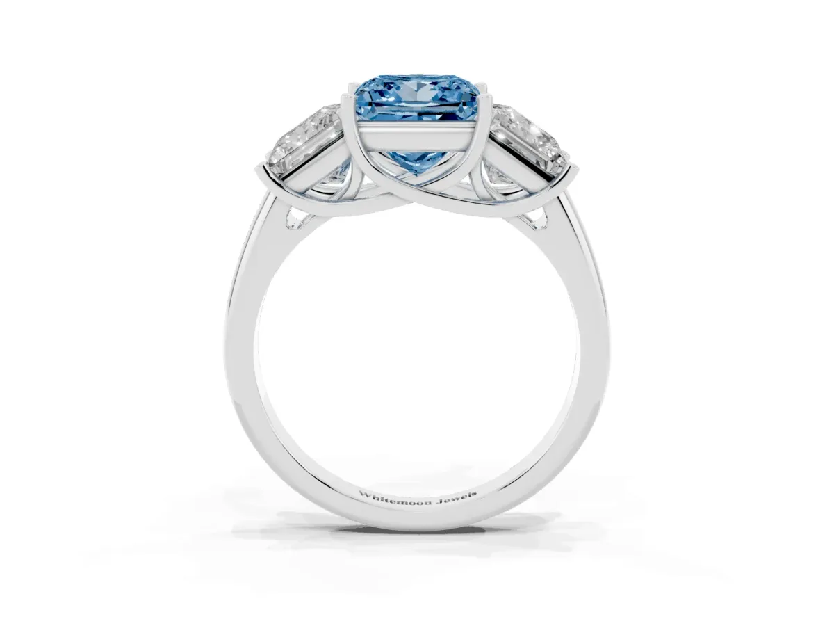 Fancy Blue Three-Stone Princess Cut Diamond Engagement Ring with Prong Setting White gold