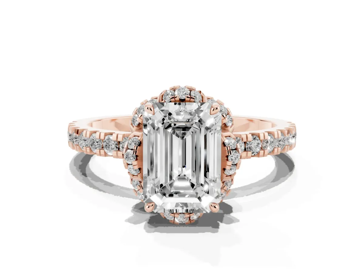 Emerald Cut Halo Diamond Pave Band Ring with Four-Prong Setting Rose gold
