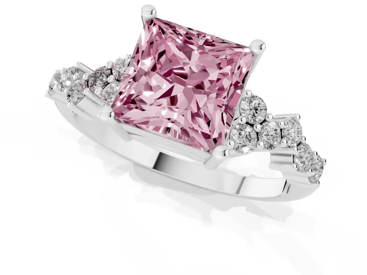 Fancy Pink Princess Cut Diamond Scattered Round Accent Ring with Prong Setting Platinum