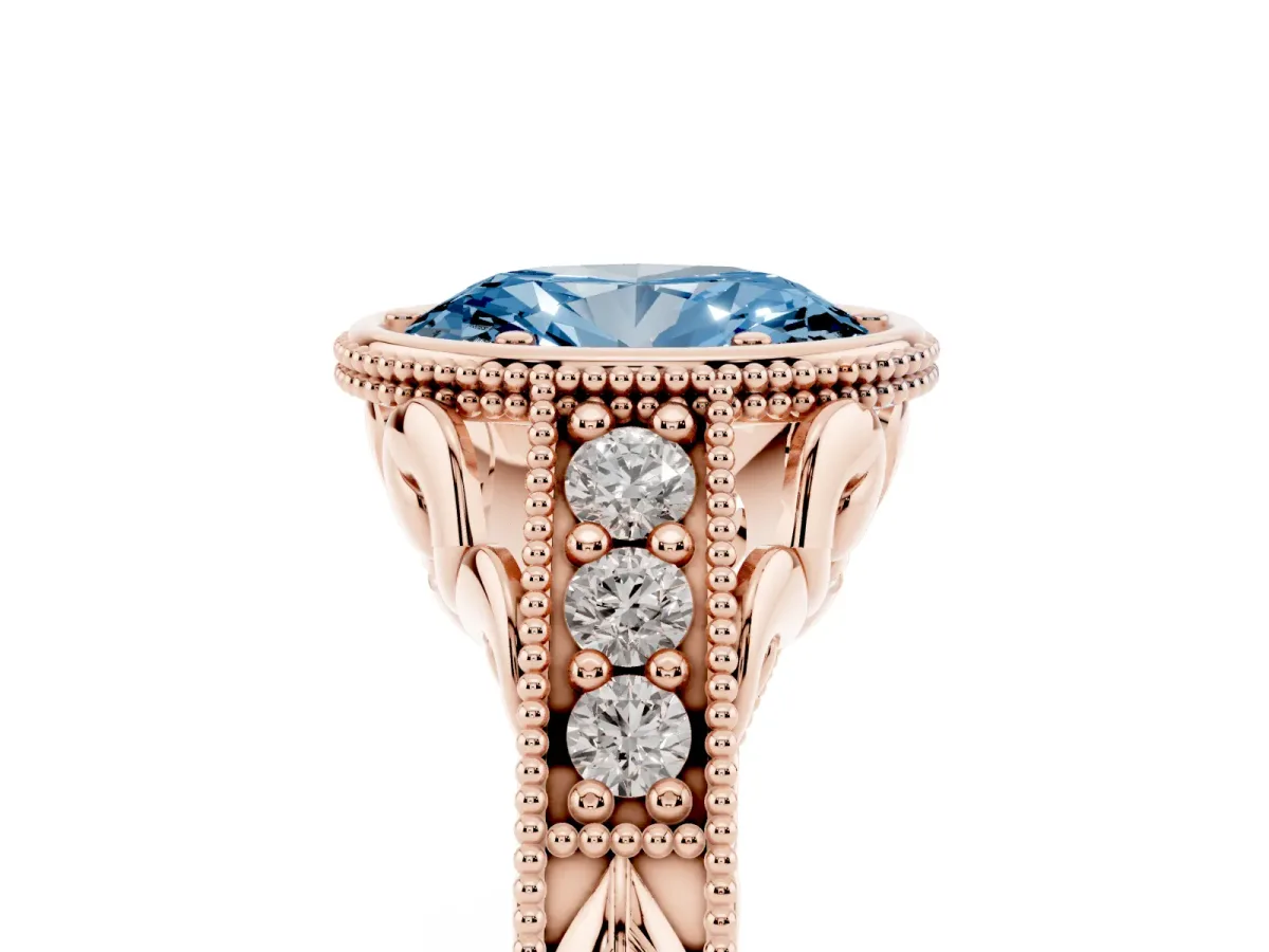 Fancy Blue Bezel Set Oval Cut Diamond Milgrain Pave Engagement Ring Rose gold