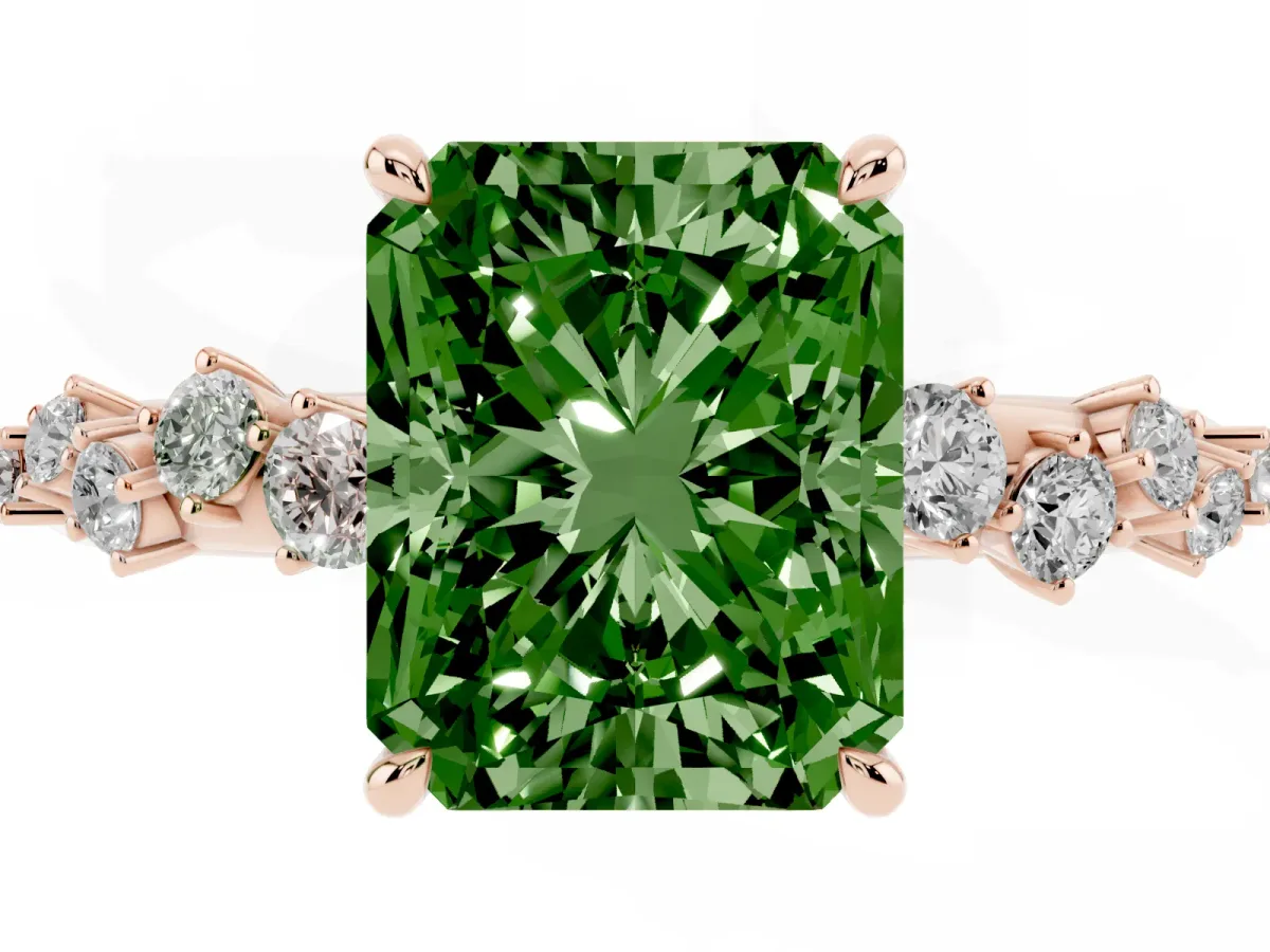 Fancy Green Radiant Cut Diamond Cluster Side Stone Solitaire Ring with Prong Setting Rose gold