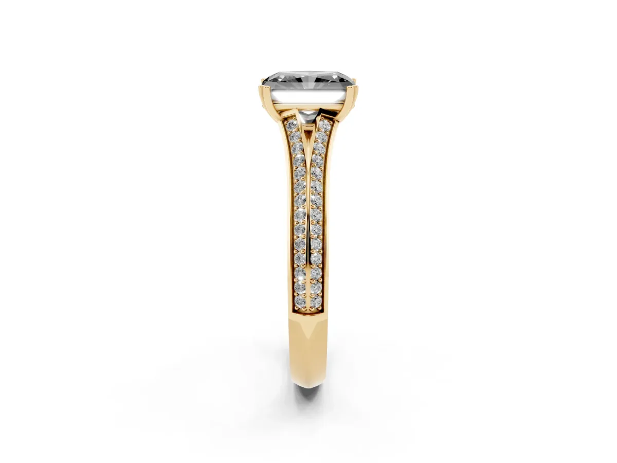 Fancy Black Radiant Cut Diamond Split Shank Engagement Ring with Pavé Band Yellow gold