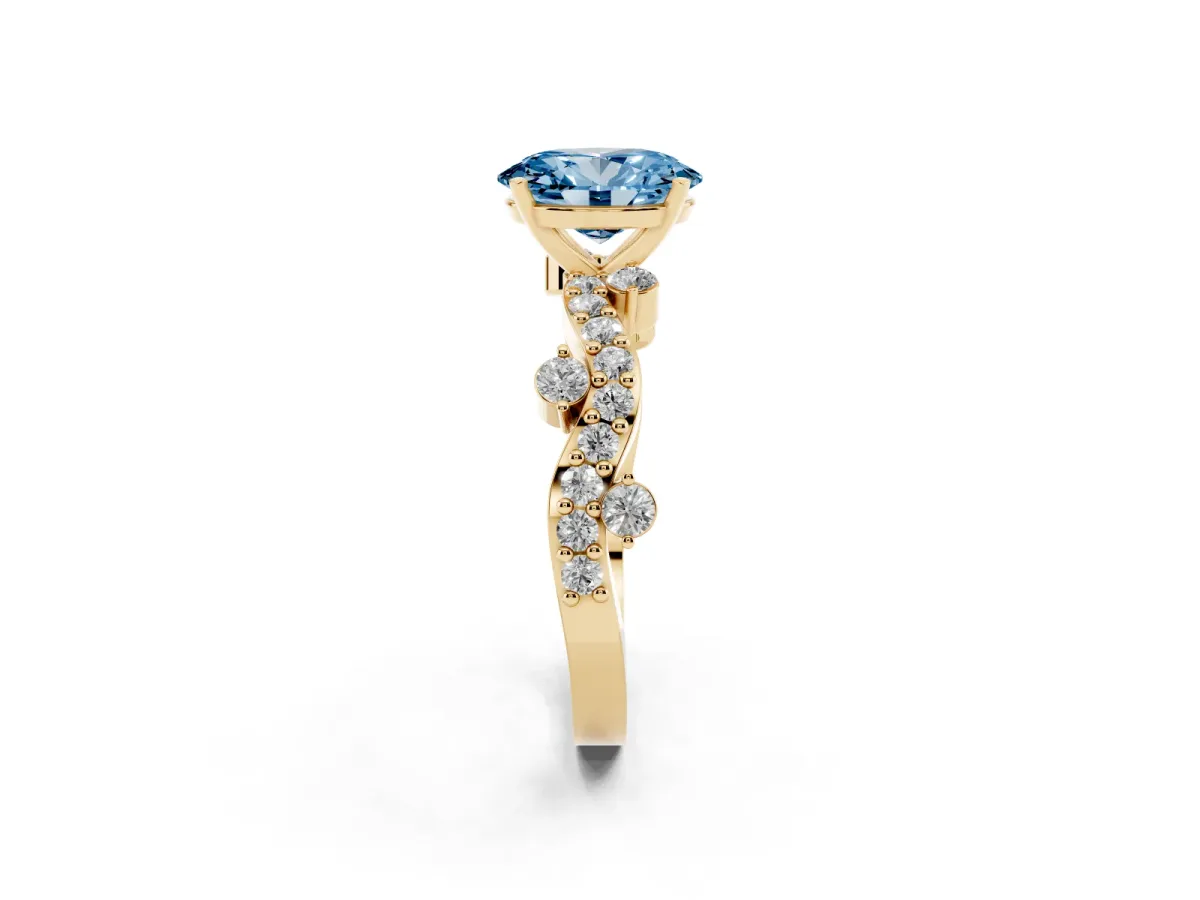 Fancy Blue Oval Cut Cut Solitaire Diamond Twisted Band with Pave Setting Yellow gold