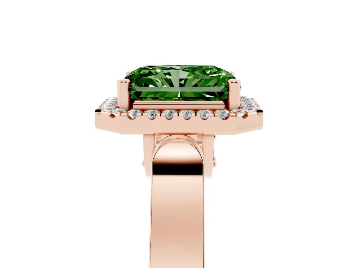 Fancy Green Radiant Cut Halo Round Diamond Twist Band with Four-Prong Setting Rose gold