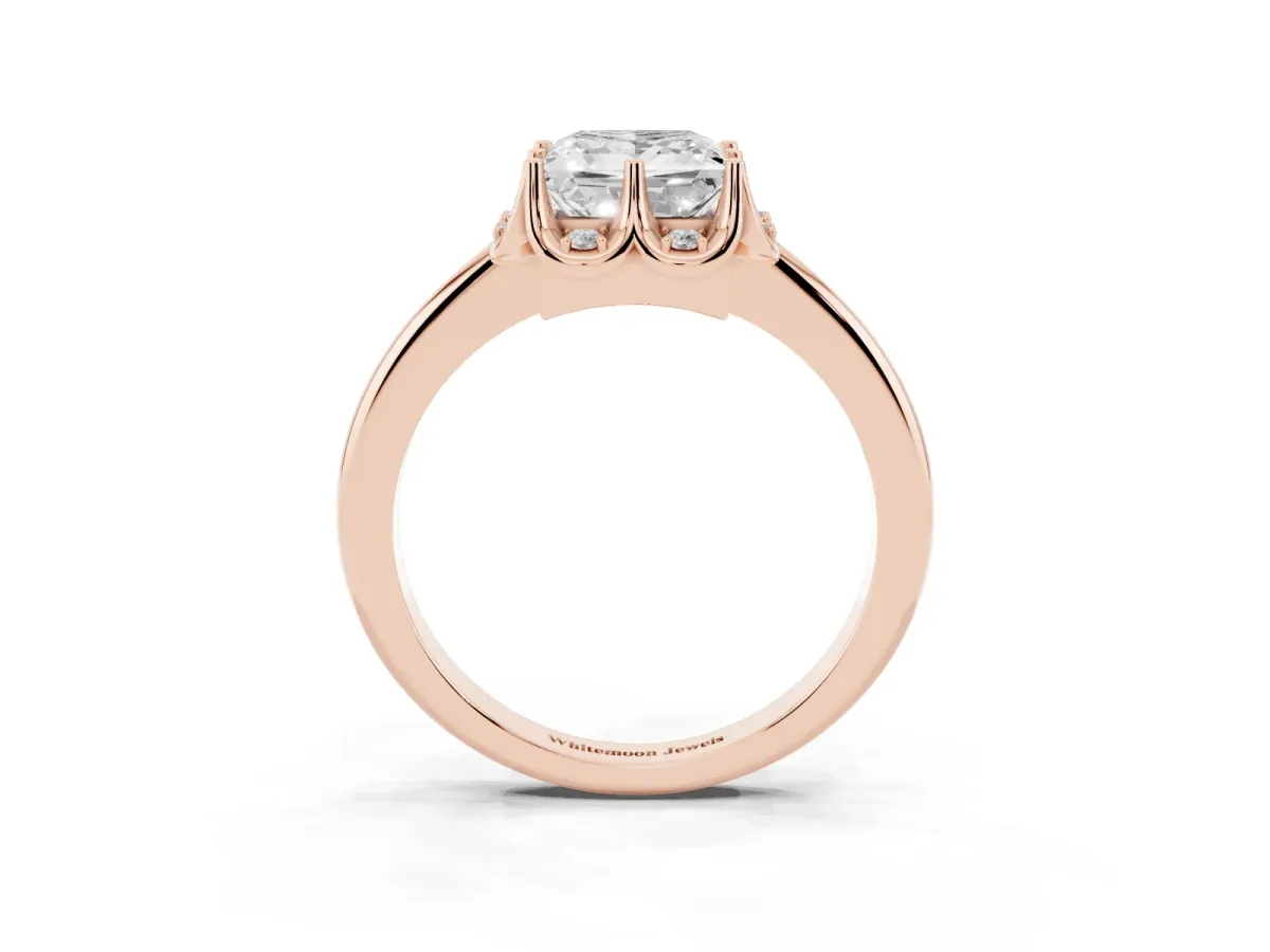Princess Cut Halo Diamond Ring with Round Cluster Setting, Solitaire Band, and Four-Prong Setting Rose gold
