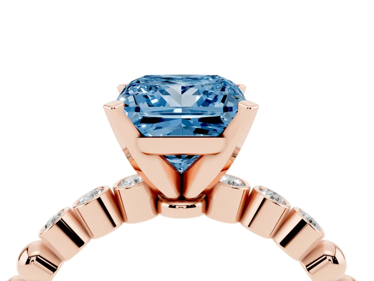 Fancy Blue Princess Cut Solitaire Bezel Accent Diamond Engagement Ring with Beaded Band and Four-Prong Setting Rose gold