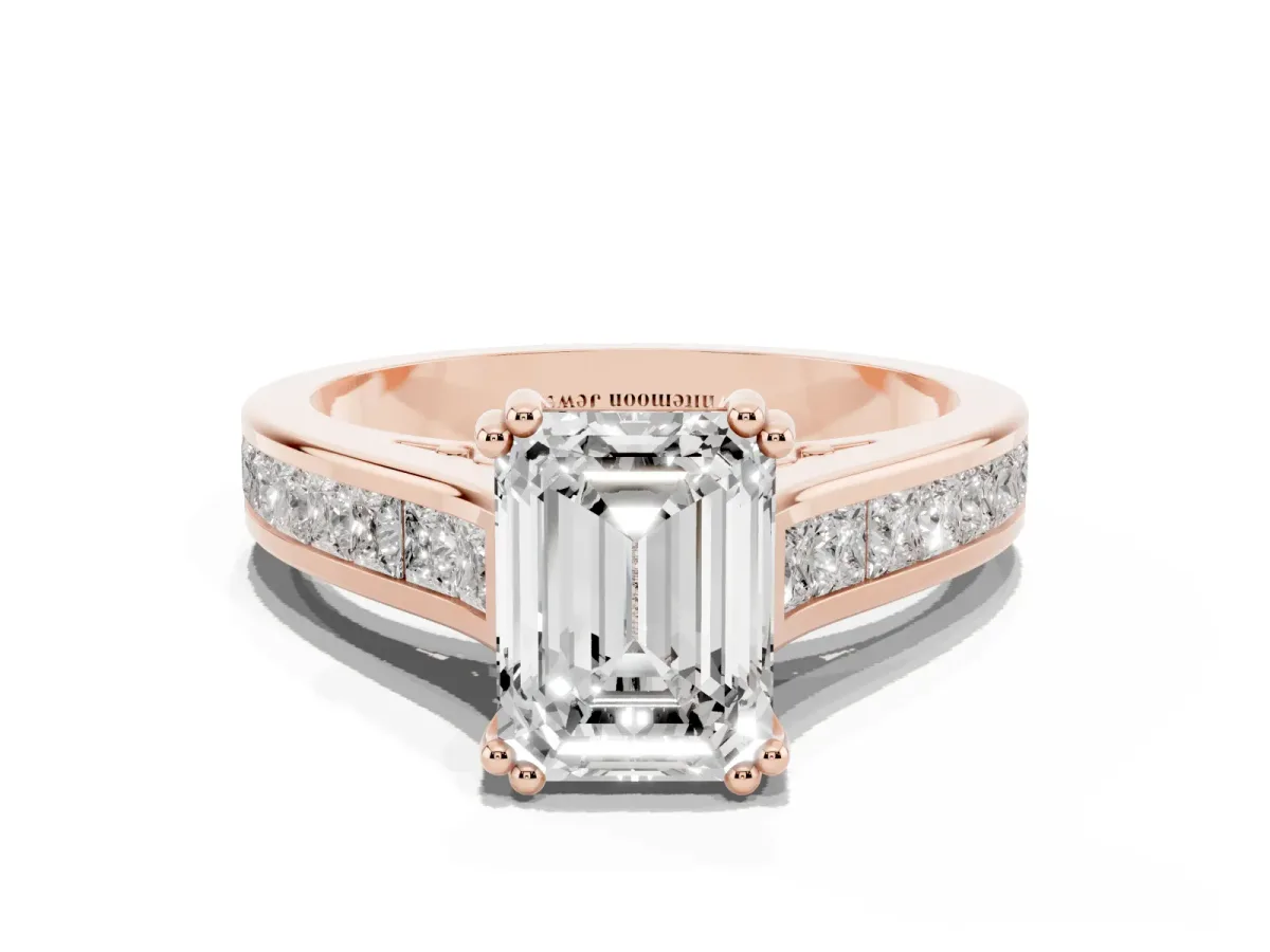 Emerald Cut Cut Channel Set Solitaire Engagement Ring with Prong Setting Rose gold