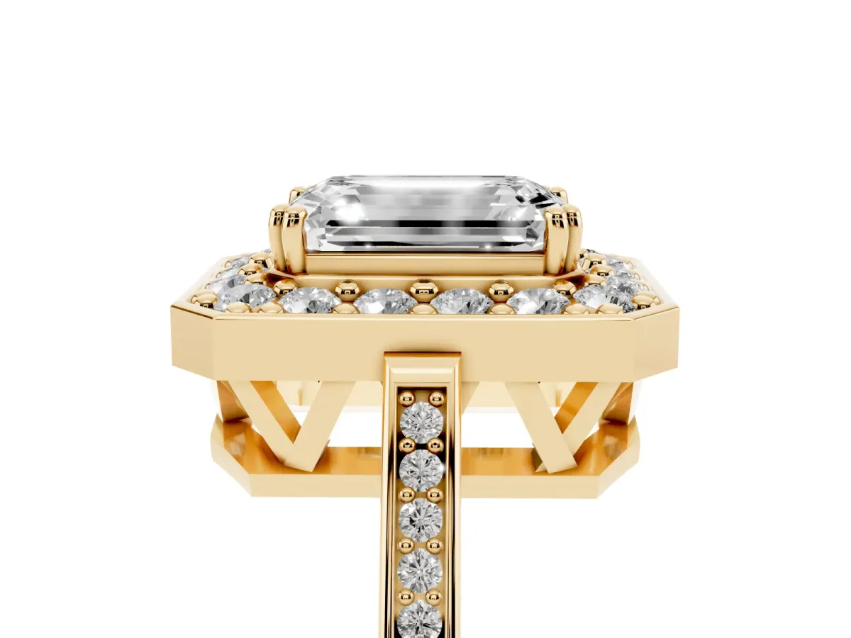 Emerald Cut Diamond Halo Ring with Split Shank and Four-Prong Setting Yellow gold