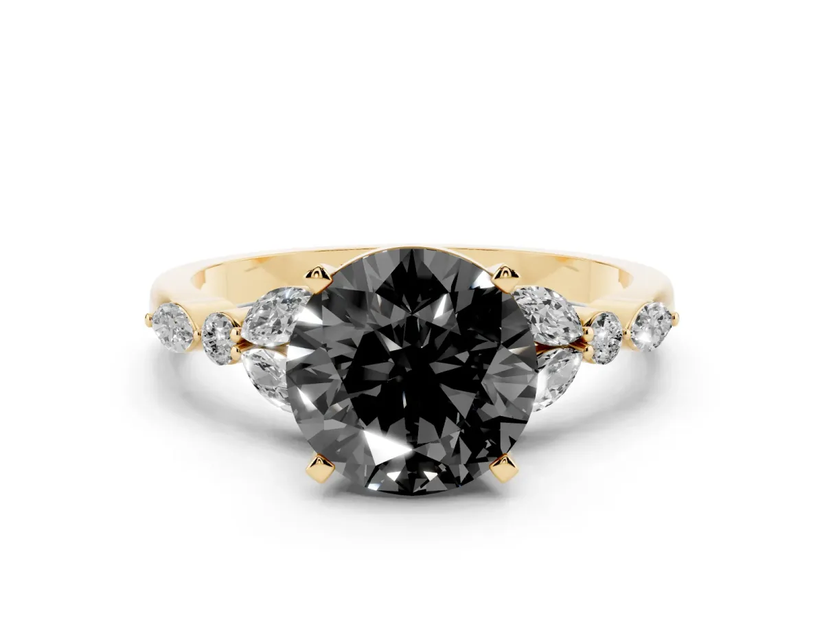 Fancy Black Round Cut Diamond Solitaire Ring with Side Stones and Four-Prong Setting Yellow gold
