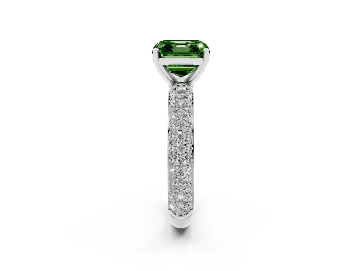 Fancy Green Asscher Cut Diamond Solitaire Ring with Prong Setting and Pavé Band Silver