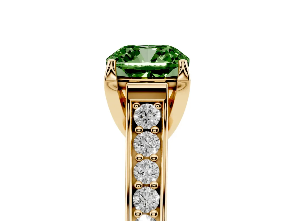 Fancy Green Cushion Cut Brilliant Cut Diamond Engagement Ring with Pavé Band and Four-Prong Setting Yellow gold