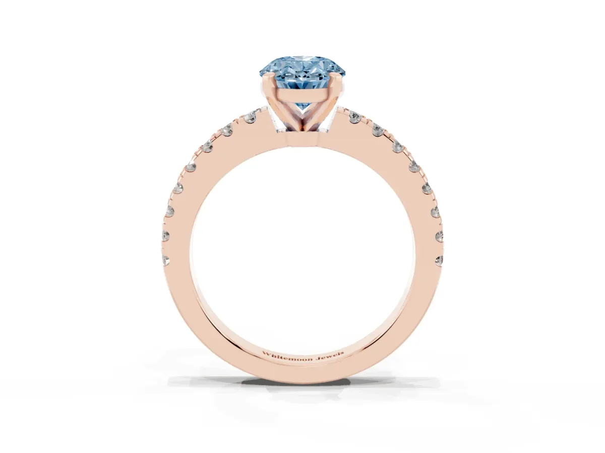 Fancy Blue Oval Cut Solitaire Diamond with Pavé Band and Four-Prong Setting Rose gold