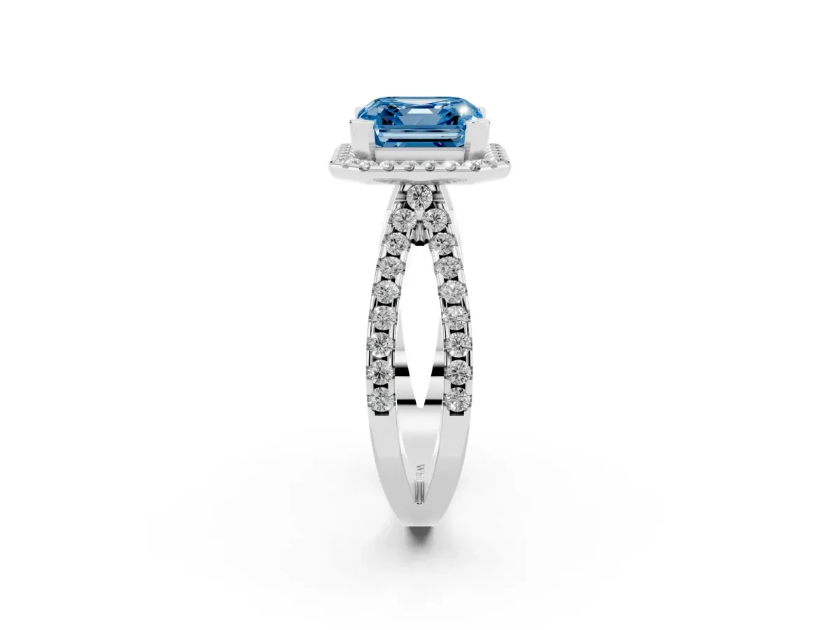Fancy Blue Asscher Cut Diamond Halo Ring with Split Shank Pavé Band and Prong Setting Silver
