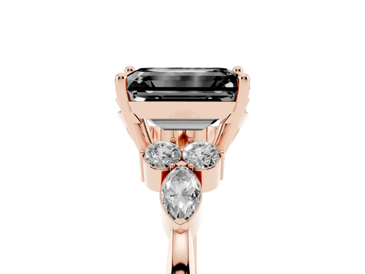 Fancy Black Emerald Cut Brilliant Diamond Solitaire Ring with Pear Side Stones and Four-Prong Setting Rose gold