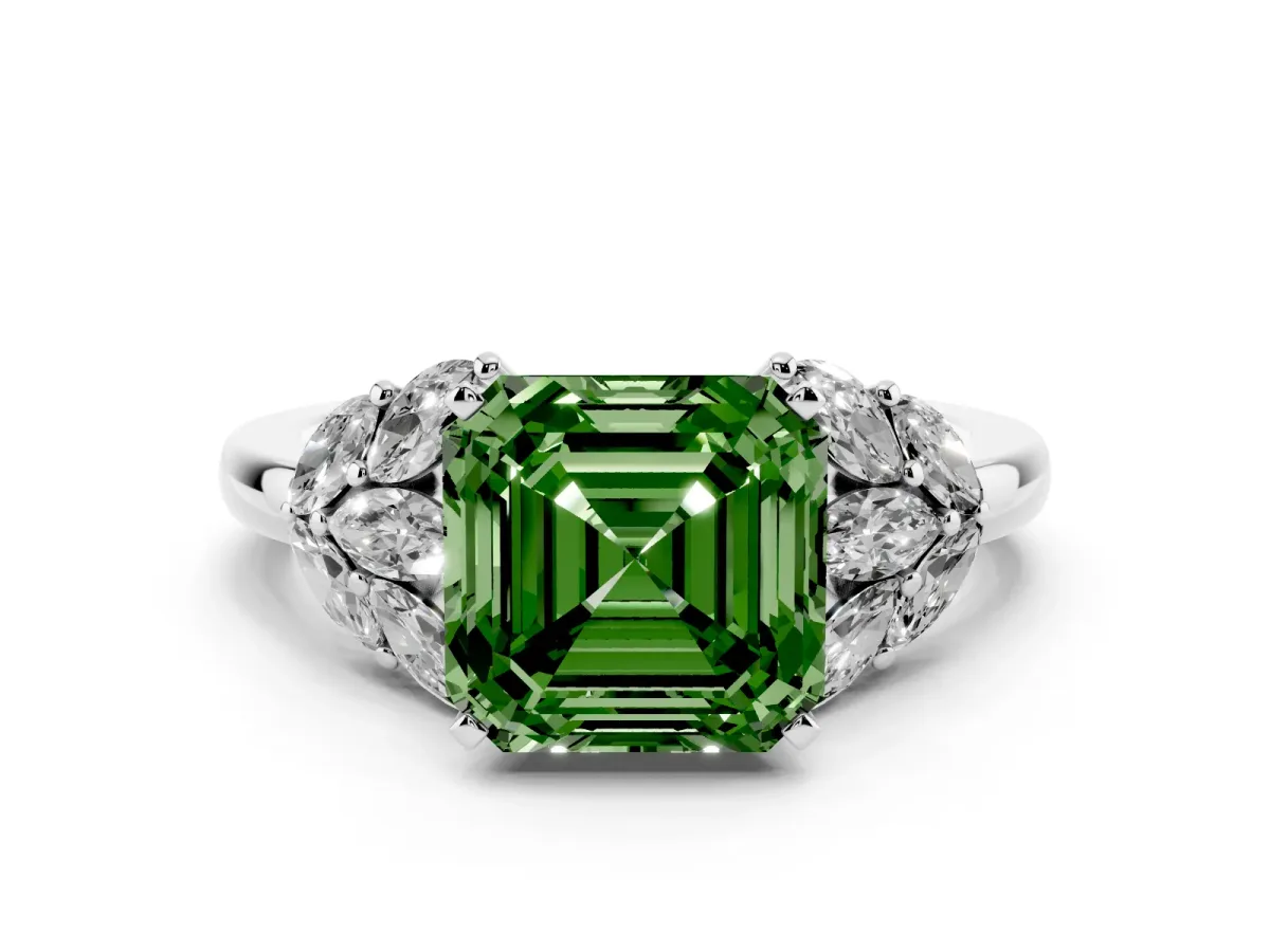 Fancy Green Asscher Cut Diamond Cluster Leaf Design Ring with Prong Setting Silver