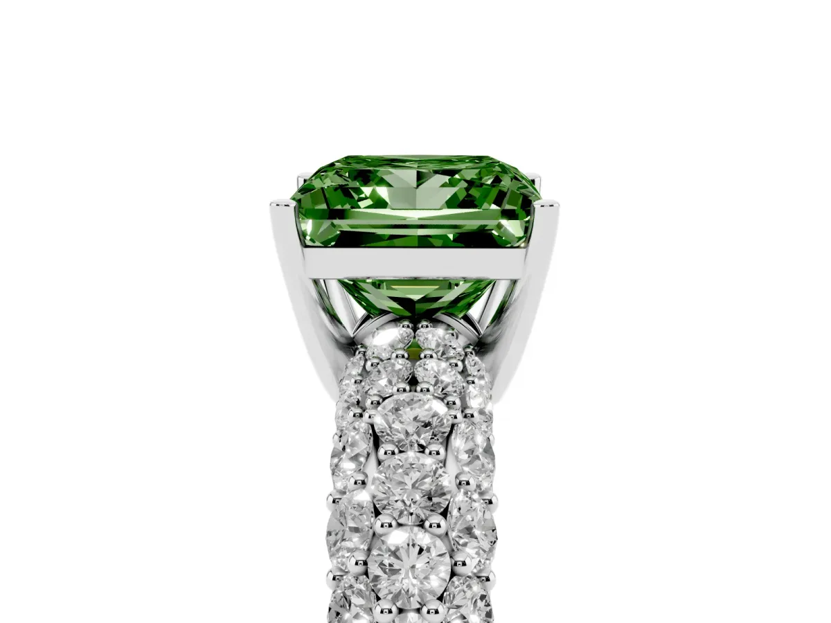 Fancy Green Princess Cut Diamond Pavé Band Solitaire Ring with Four-Prong Setting Silver