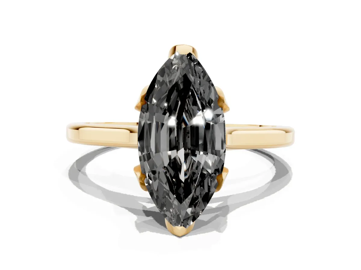 Fancy Black Marquise Cut Diamond Solitaire Ring with Flower Prong Setting and Classic Band Yellow gold