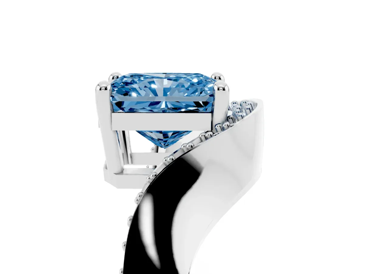 Fancy Blue Radiant Cut Solitaire Diamond Engagement Ring with Pave Band and Four-Prong Setting Platinum