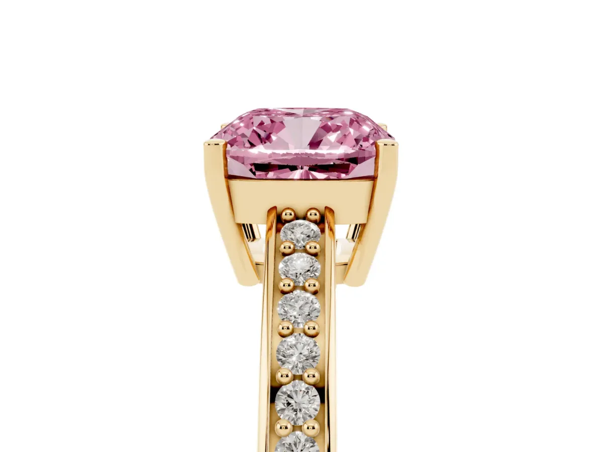 Fancy Pink Cushion Cut Solitaire Pavé Band Prong Setting Ring Yellow gold