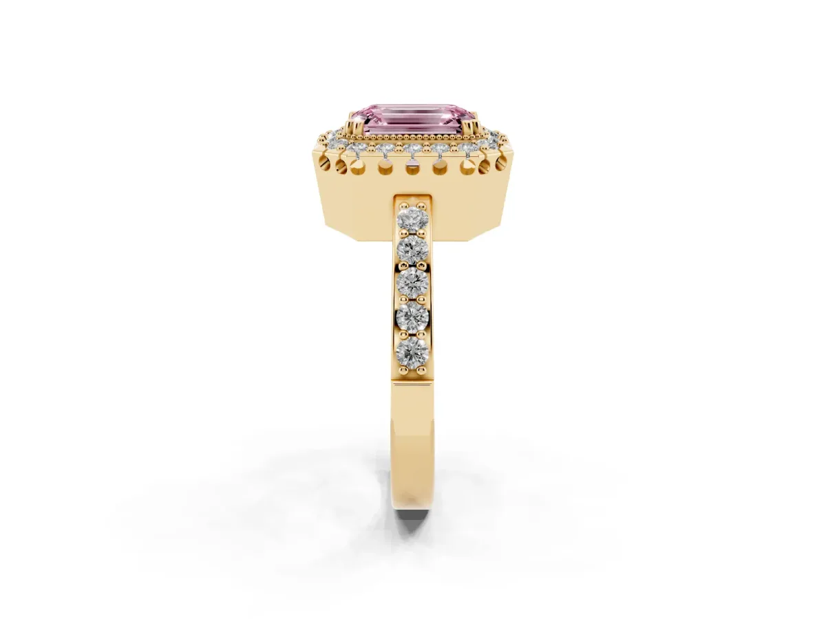 Fancy Pink Emerald Cut Diamond Halo Ring with Pavé Band and Prong Setting Yellow gold