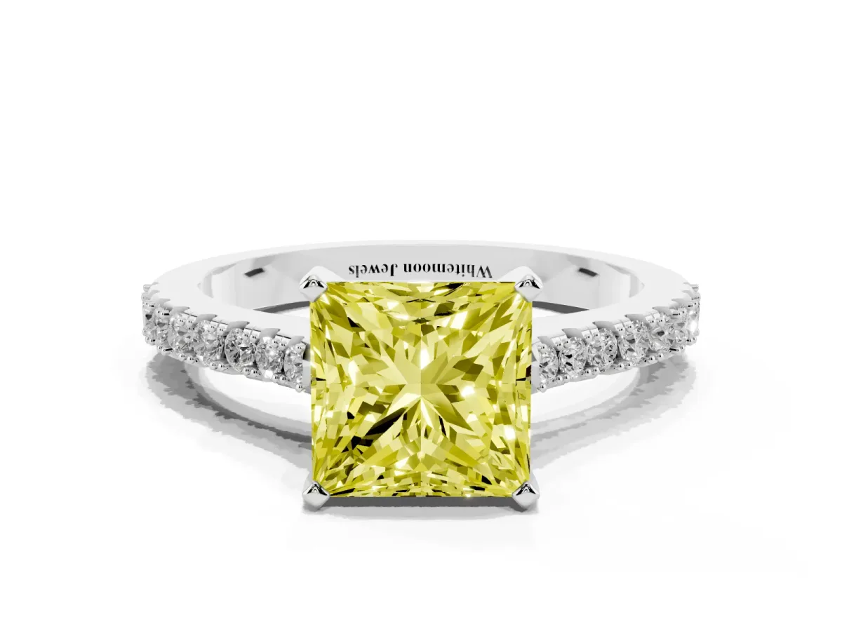 Fancy Yellow Princess Cut Cut Solitaire Diamond Engagement Ring with Pave Band and Four-Prong Setting Silver