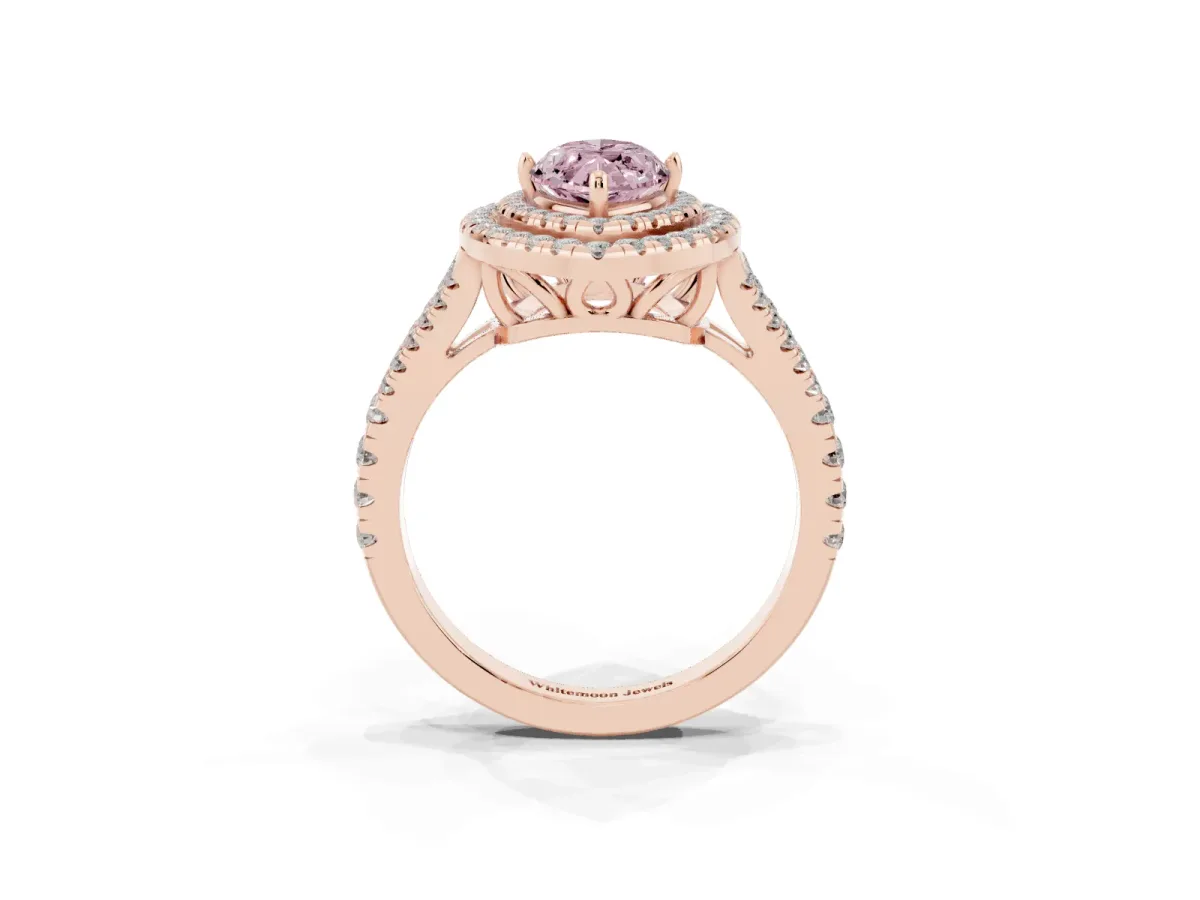Fancy Pink Marquise Cut Diamond Double Halo Ring with Pavé Band and Prong Setting Rose gold