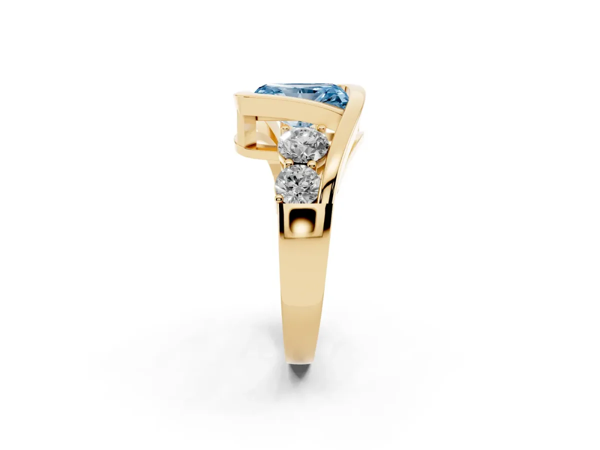 Fancy Blue Bezel Set Radiant Cut Diamond Bypass Ring with Round Accents Yellow gold