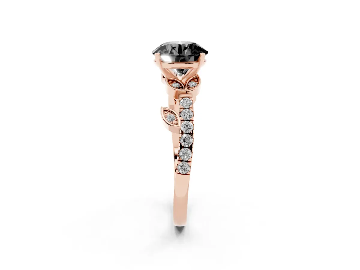Fancy Black Round Cut Solitaire Leaf-Inspired Diamond Ring with Pavé Band and Four-Prong Setting Rose gold