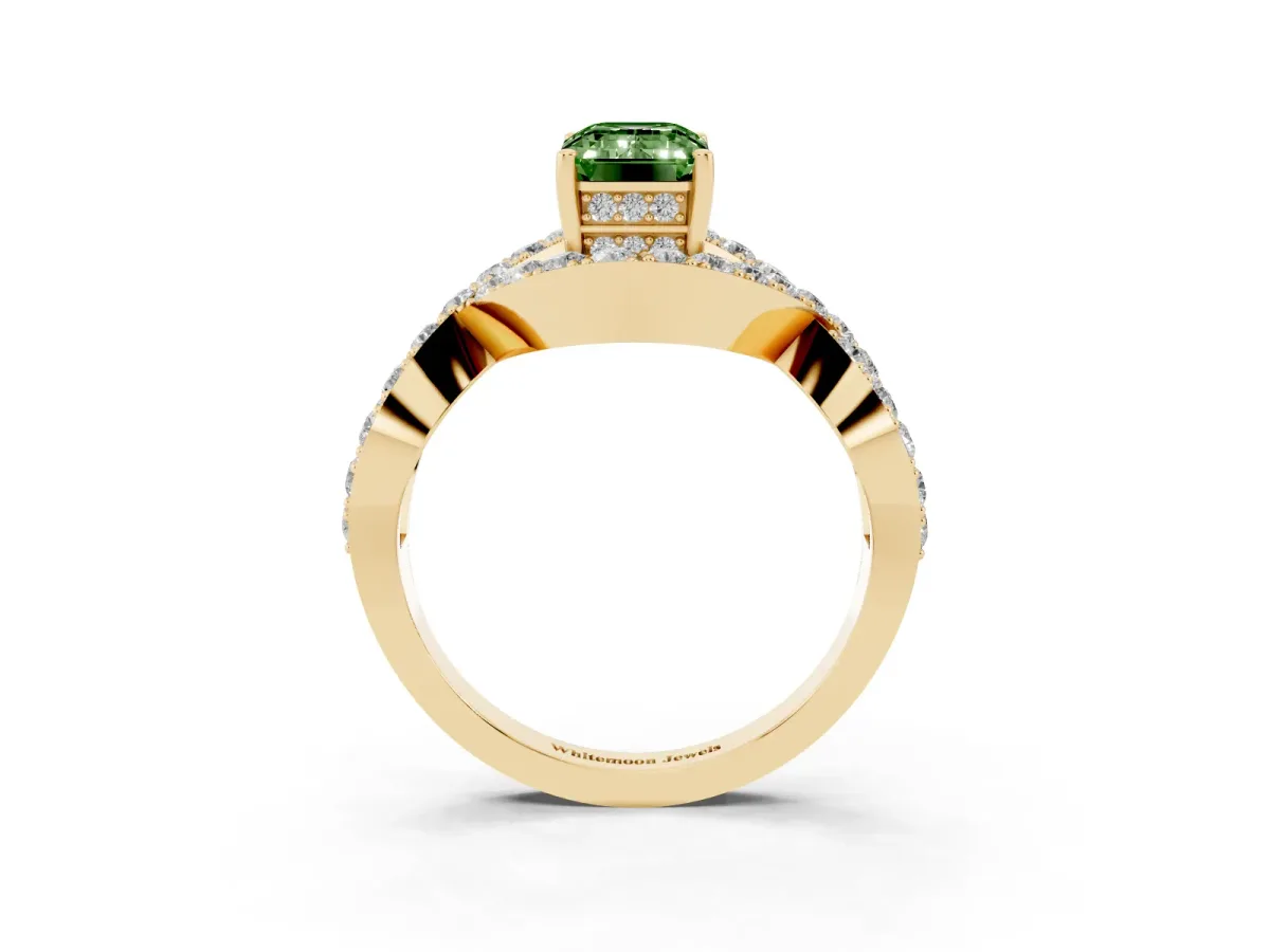 Fancy Green Emerald Cut Solitaire Twist Band Pavé Diamond Engagement Ring Yellow gold