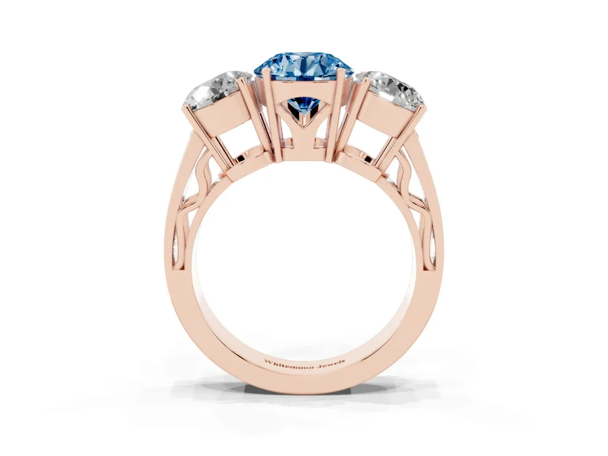 Fancy Blue Round Cut Diamond Three-Stone Ring with Prong Setting and Textured Band Rose gold