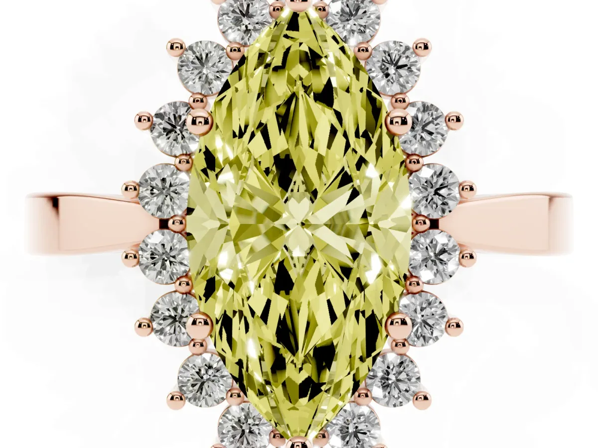 Fancy Yellow Marquise Cut Cut Diamond Halo Ring with Round Brilliant Halo and Solitaire Band Rose gold