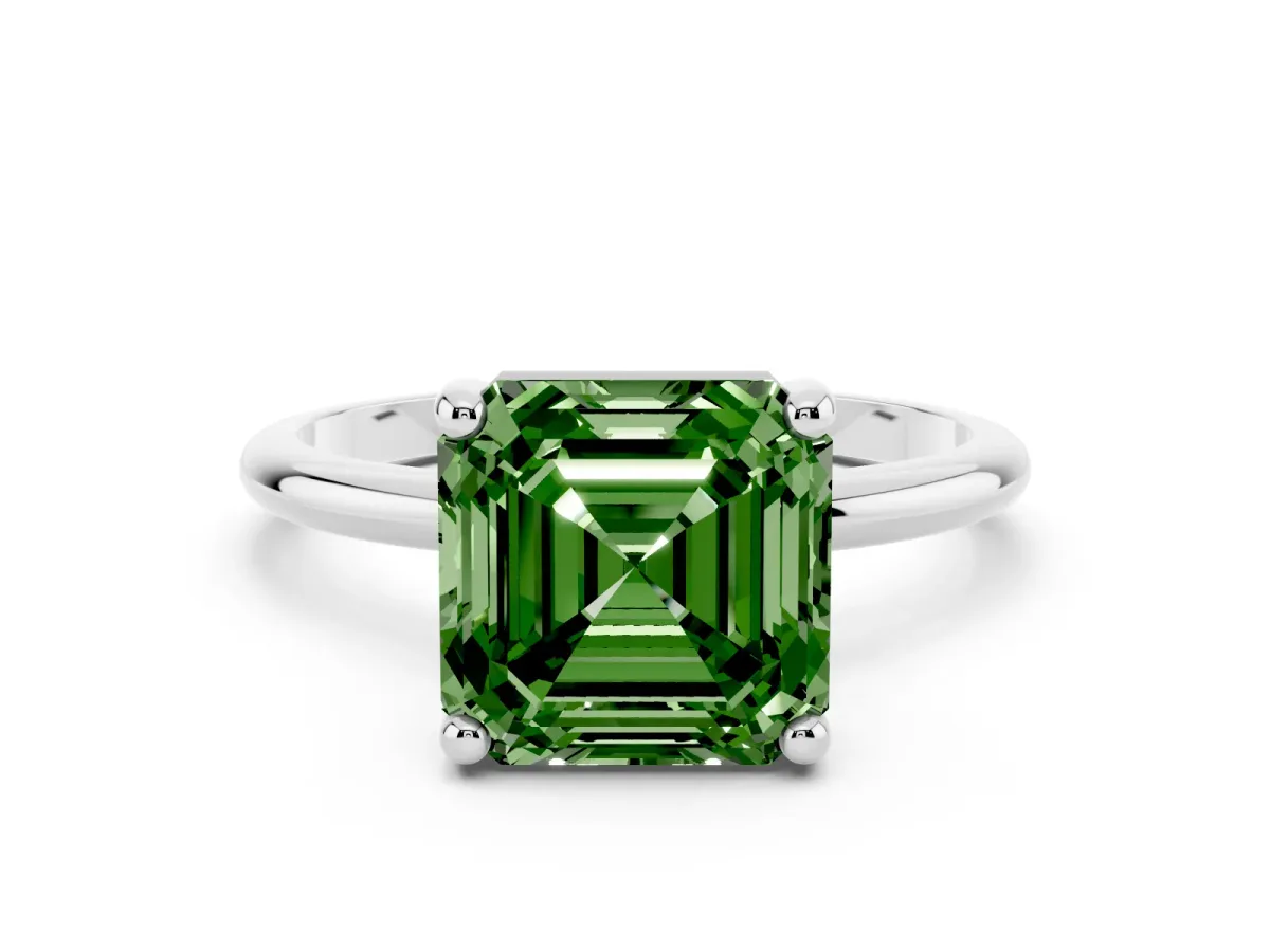 Fancy Green Asscher Cut Solitaire Diamond Ring with 4-Prong Setting on a Classic Band Silver