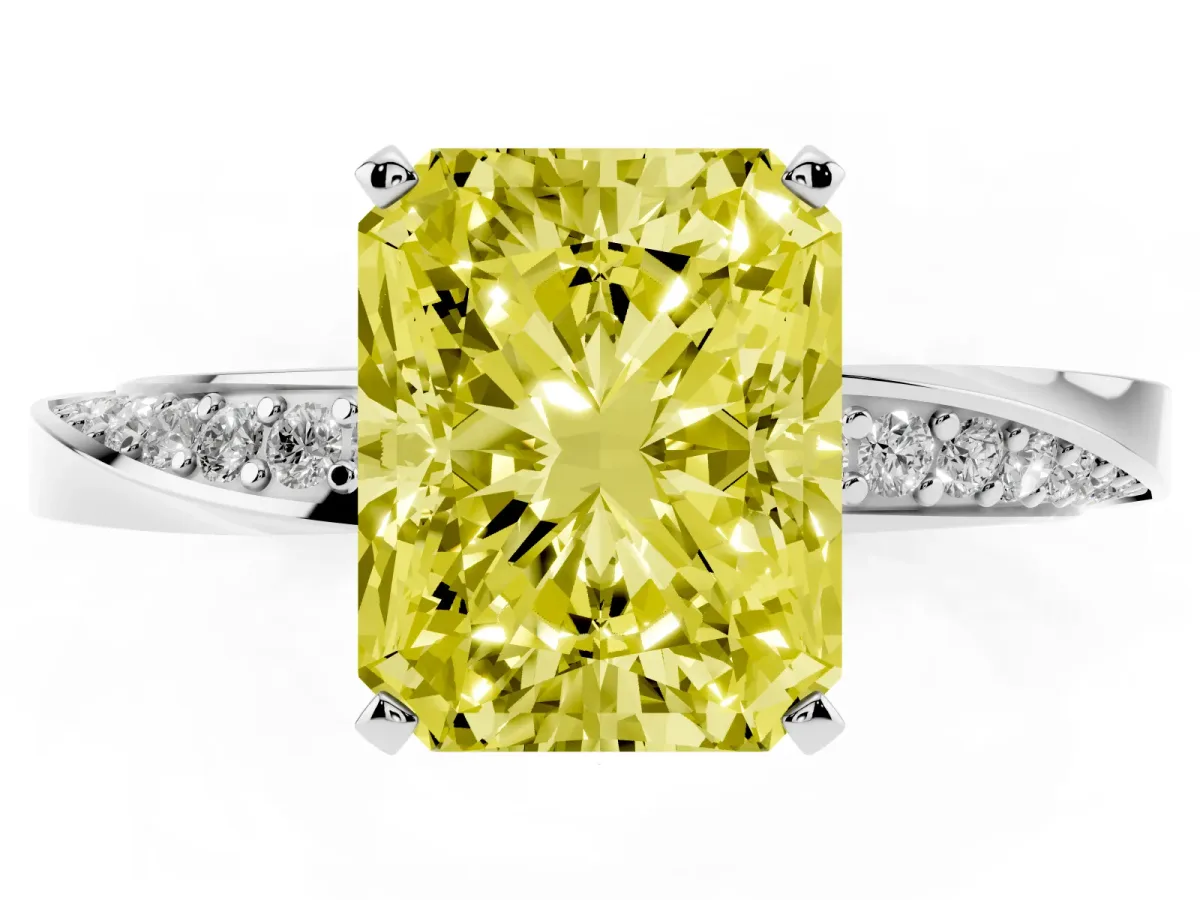 Fancy Yellow Radiant Cut Diamond Engagement Ring with Side Stone Accents and Four-Prong Setting Silver