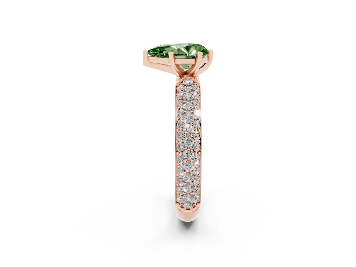Fancy Green Pear Cut Diamond Solitaire Ring with Prong Setting and Pavé Band Rose gold