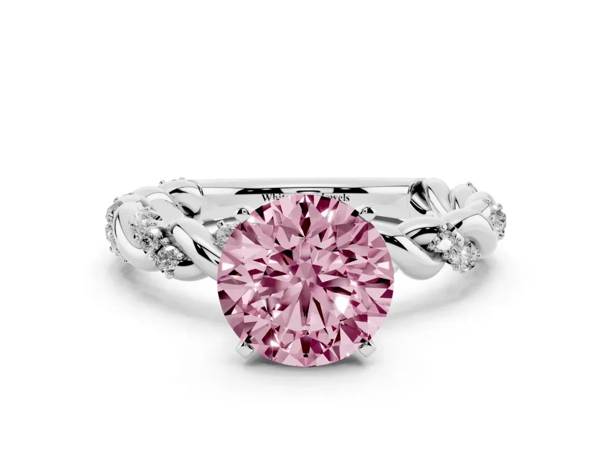 Fancy Pink Round Cut Diamond Solitaire Ring with Twisted Band and Pavé Accents White gold