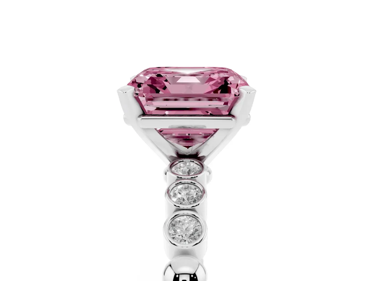 Fancy Pink Asscher Cut Solitaire Bezel Accent Diamond Engagement Ring with Beaded Band and Four-Prong Setting White gold