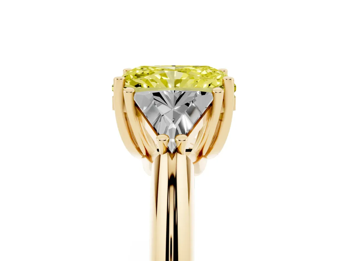 Fancy Yellow Three-Stone Radiant Cut Diamond Engagement Ring with Trillion Side Stones and Prong Setting Yellow gold