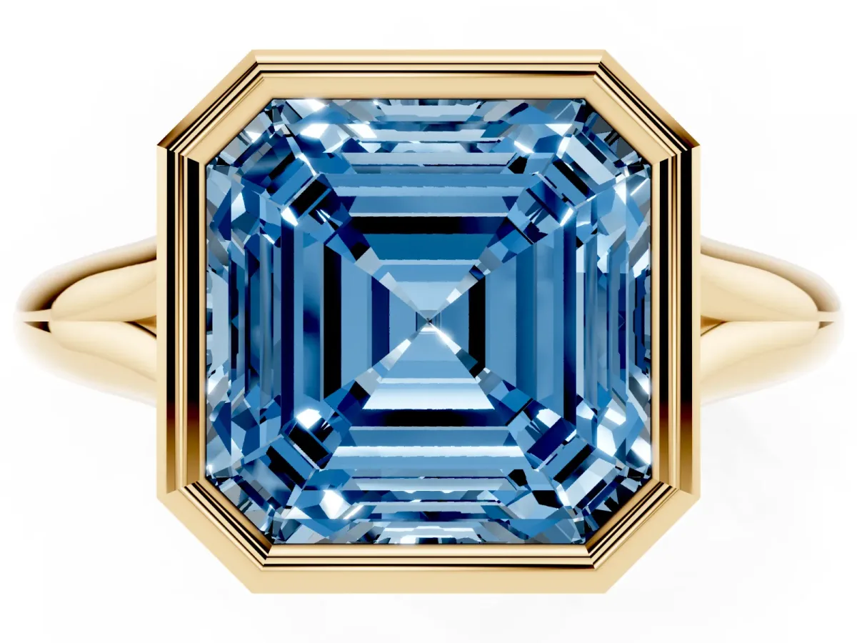 Fancy Blue Bezel Set Asscher Cut Solitaire Diamond Ring with Smooth Band Yellow gold
